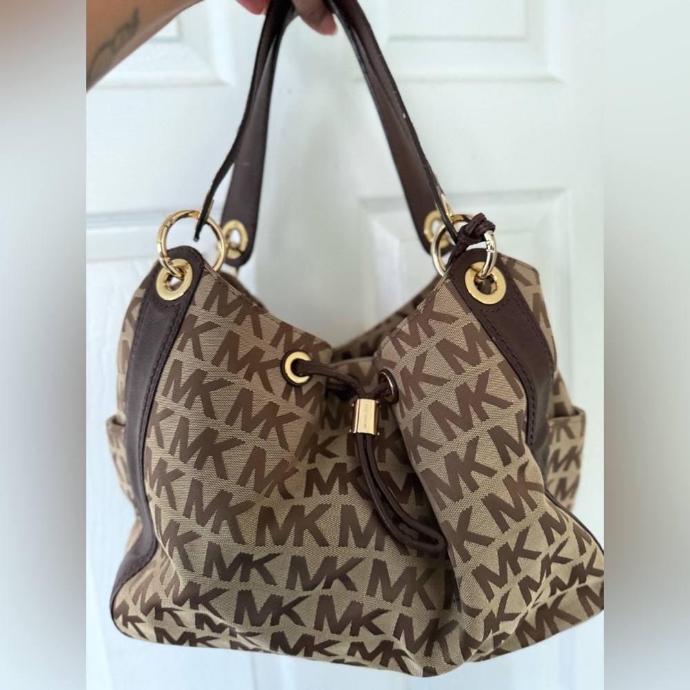 Michael Kors Tan and Brown Logo Shoulder Bag